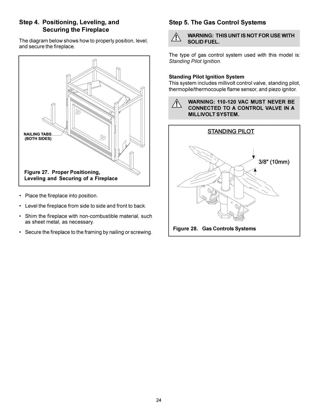 Heat & Glo LifeStyle BE-41 manual Positioning, Leveling, Securing the Fireplace, Gas Control Systems, Gas Controls Systems 