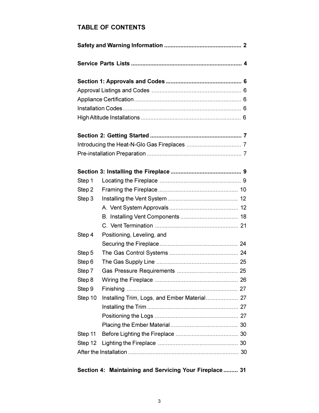 Heat & Glo LifeStyle BE-41 manual Table of Contents 