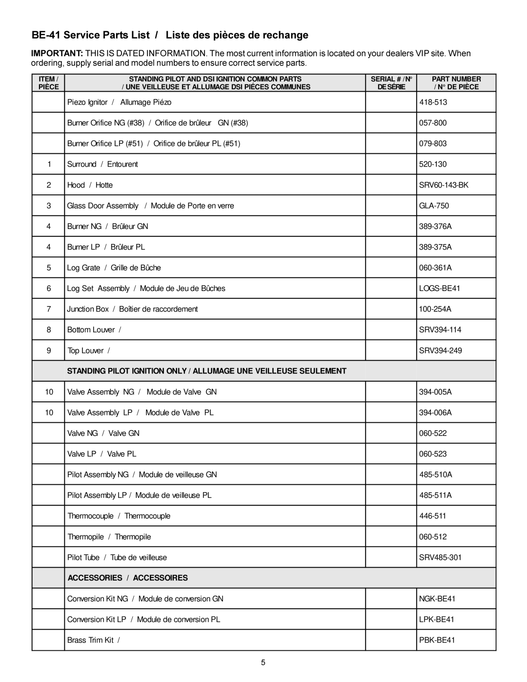 Heat & Glo LifeStyle manual BE-41 Service Parts List / Liste des pièces de rechange, LOGS-BE41 