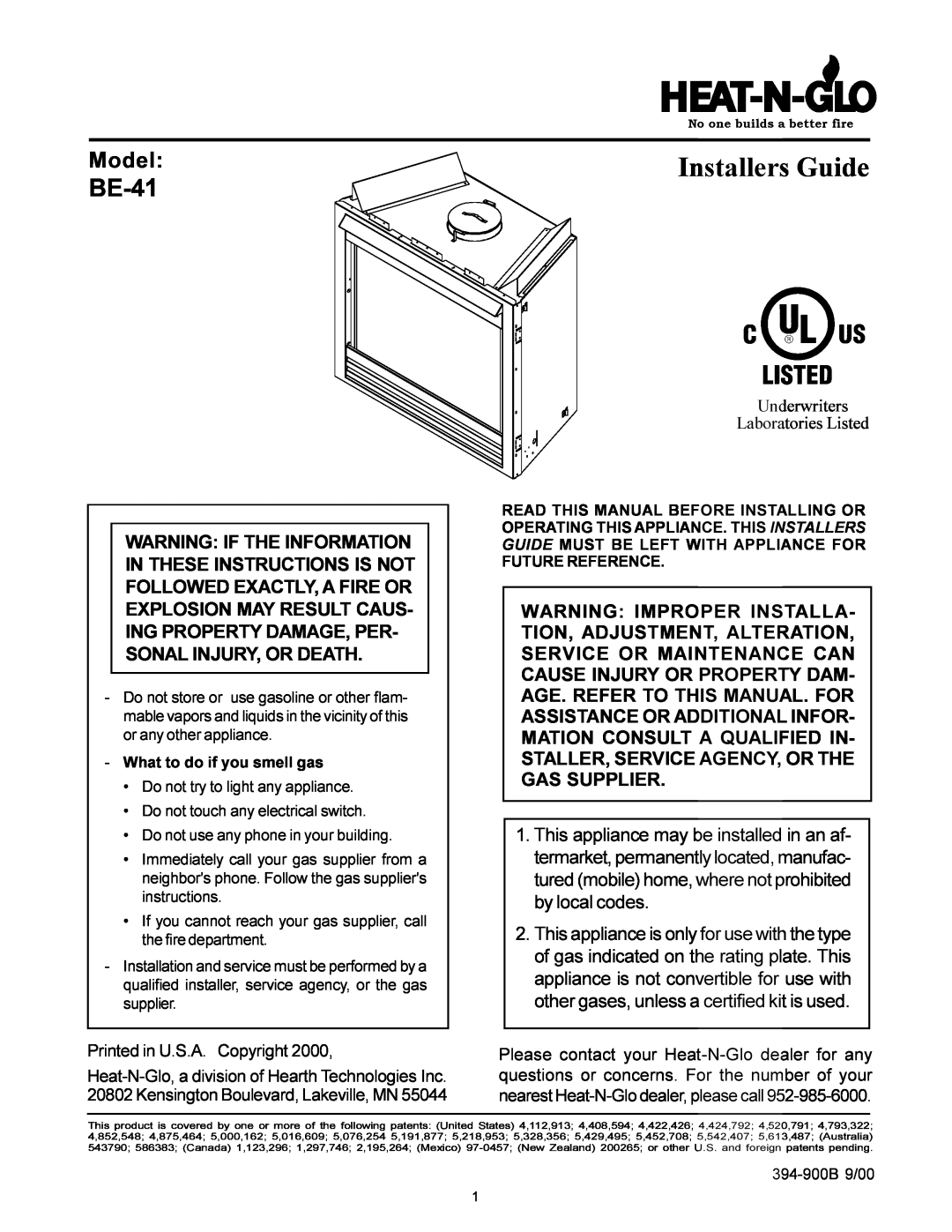 Heat & Glo LifeStyle BE-41 manual Model, Installers Guide 