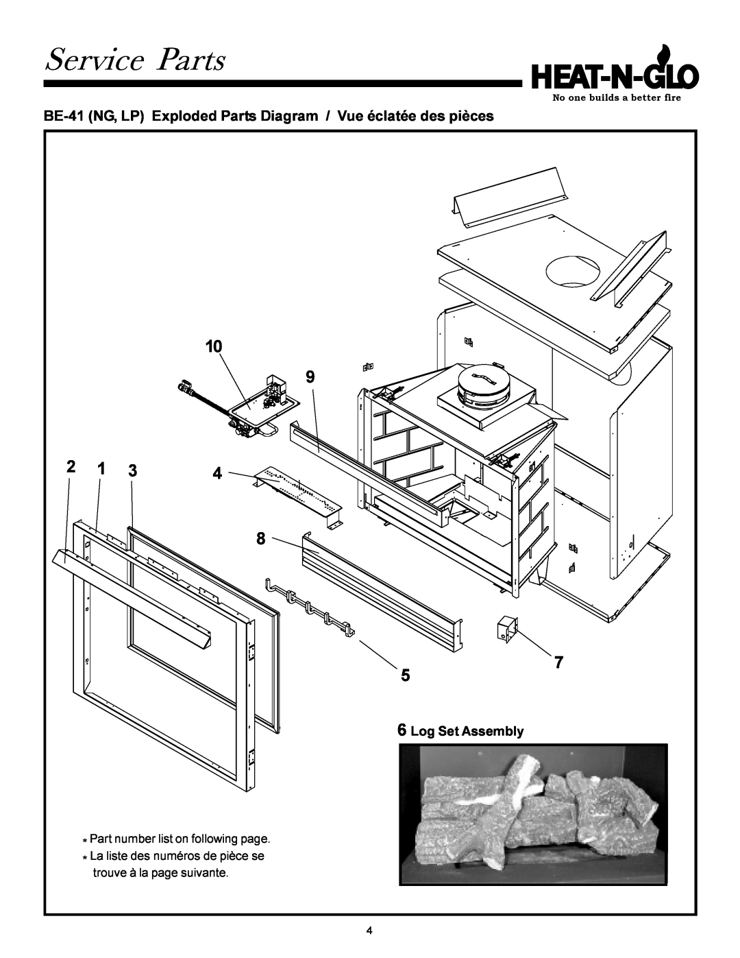 Heat & Glo LifeStyle BE-41 manual Service Parts, Log Set Assembly 