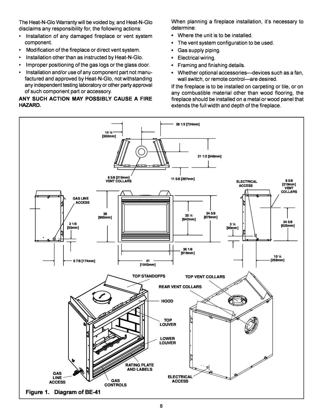 Heat & Glo LifeStyle manual Diagram of BE-41, Any Such Action May Possibly Cause A Fire Hazard 