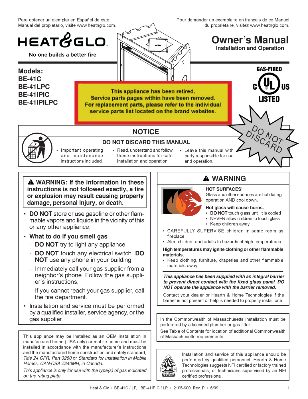 Heat & Glo LifeStyle BE-41IPIC, BE-41C, BE-41LPC owner manual What to do if you smell gas, Hot glass will cause burns 