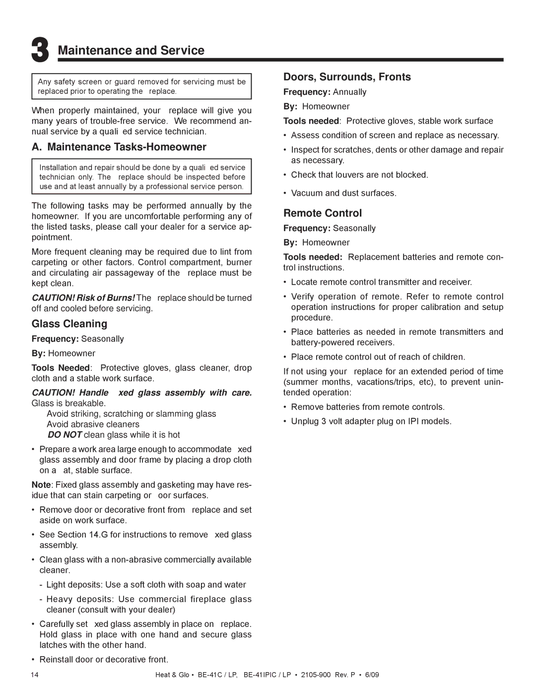 Heat & Glo LifeStyle BE-41LPC, BE-41C Maintenance and Service, Doors, Surrounds, Fronts, Maintenance Tasks-Homeowner 