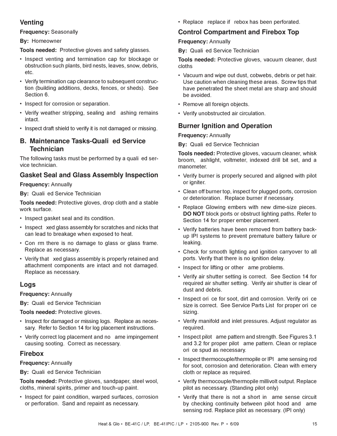 Heat & Glo LifeStyle BE-41IPILPC, BE-41C, BE-41IPIC Venting, Maintenance Tasks-Qualiﬁed Service Technician, Logs, Firebox 