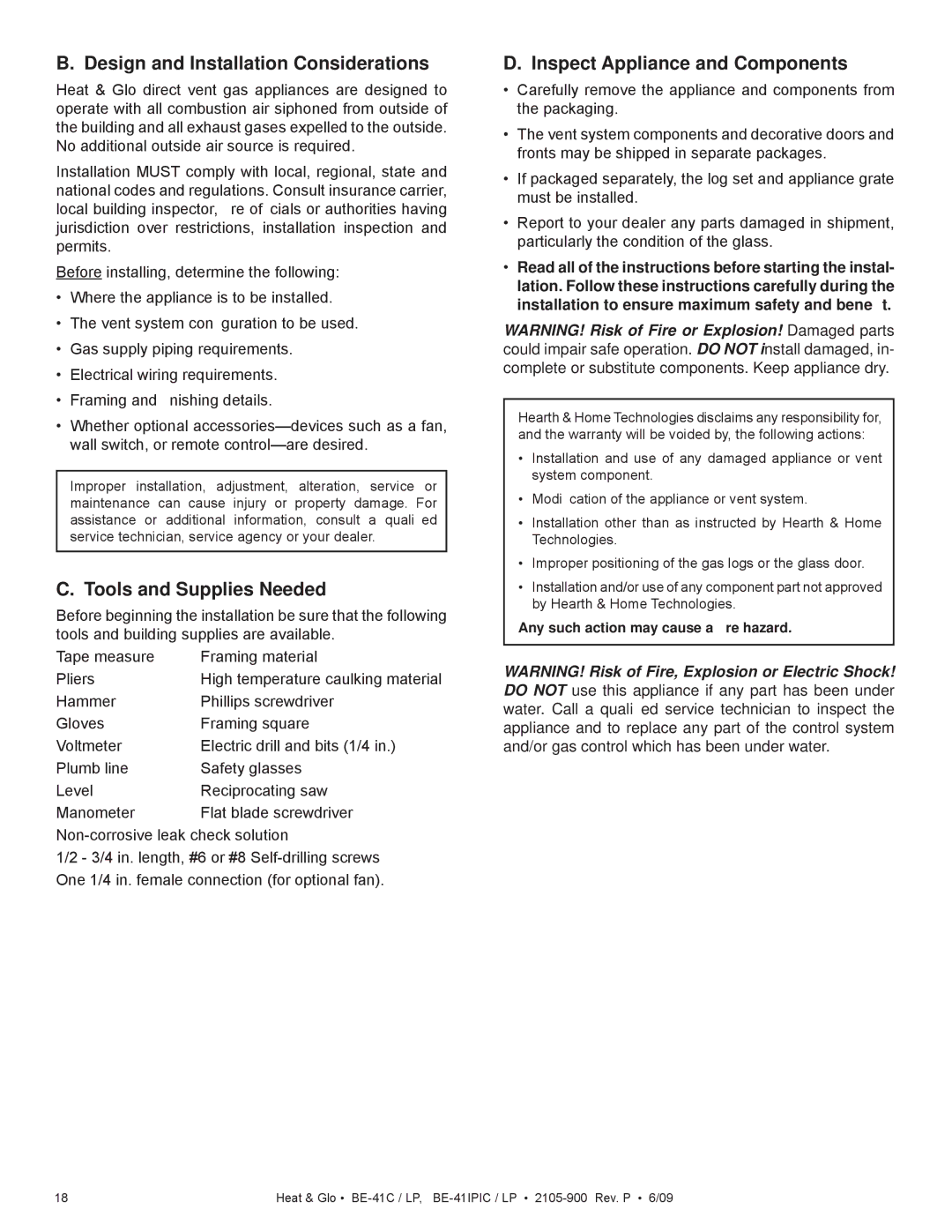 Heat & Glo LifeStyle BE-41LPC, BE-41C, BE-41IPIC Design and Installation Considerations, Tools and Supplies Needed 