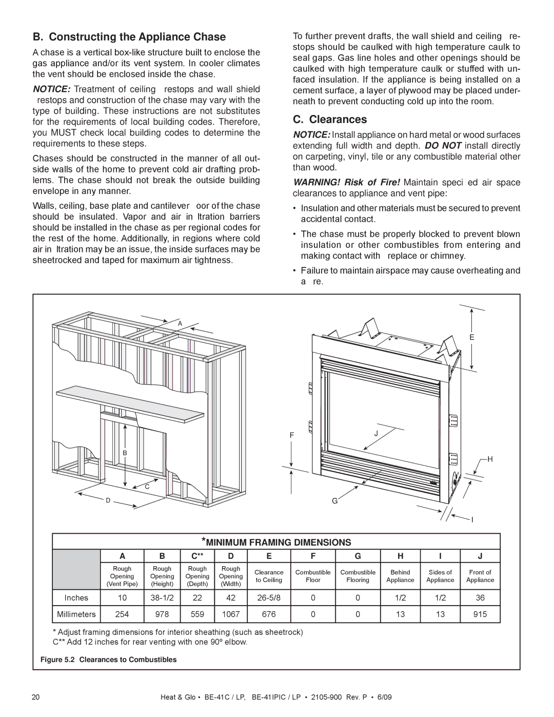 Heat & Glo LifeStyle BE-41C, BE-41IPIC, BE-41LPC, BE-41IPILPC owner manual Constructing the Appliance Chase, Clearances 