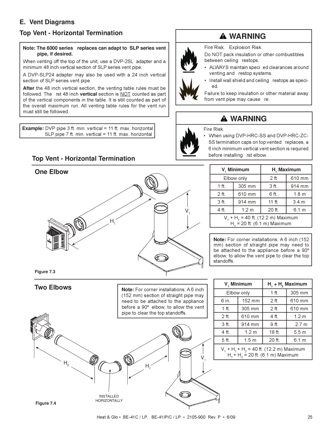 Heat & Glo LifeStyle BE-41IPIC Vent Diagrams Top Vent Horizontal Termination, One Elbow, Two Elbows, V1 Minimum H1 Maximum 