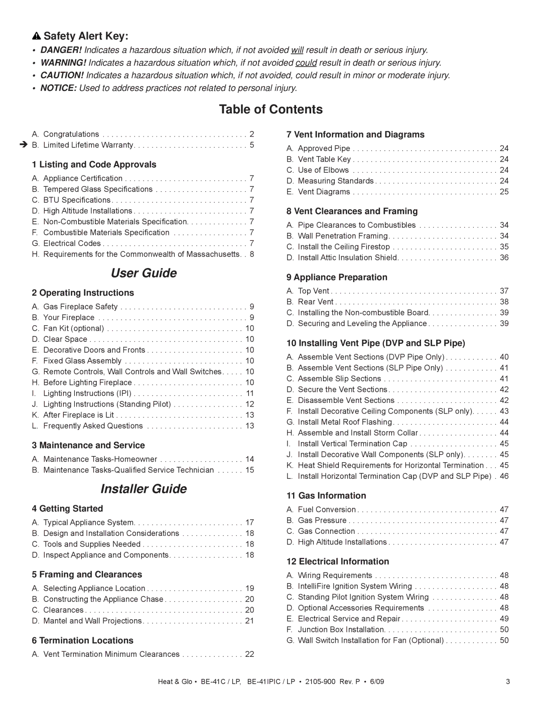 Heat & Glo LifeStyle BE-41IPILPC, BE-41C, BE-41IPIC, BE-41LPC owner manual Table of Contents, User Guide 