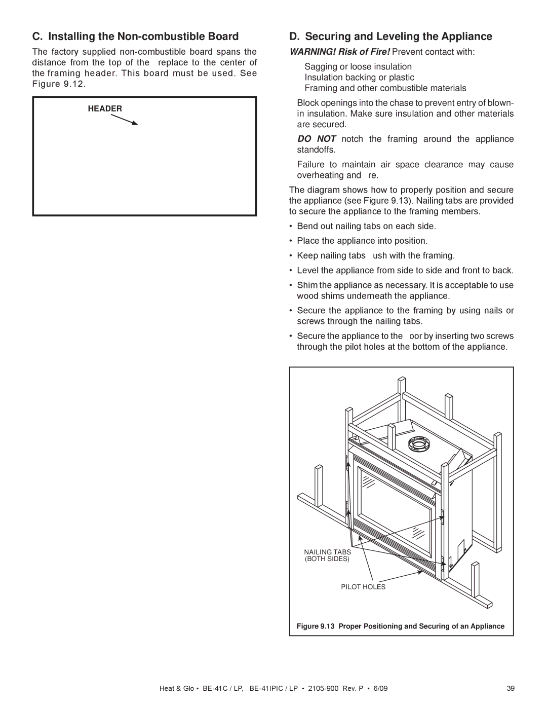 Heat & Glo LifeStyle BE-41IPILPC, BE-41C Installing the Non-combustible Board, Securing and Leveling the Appliance 