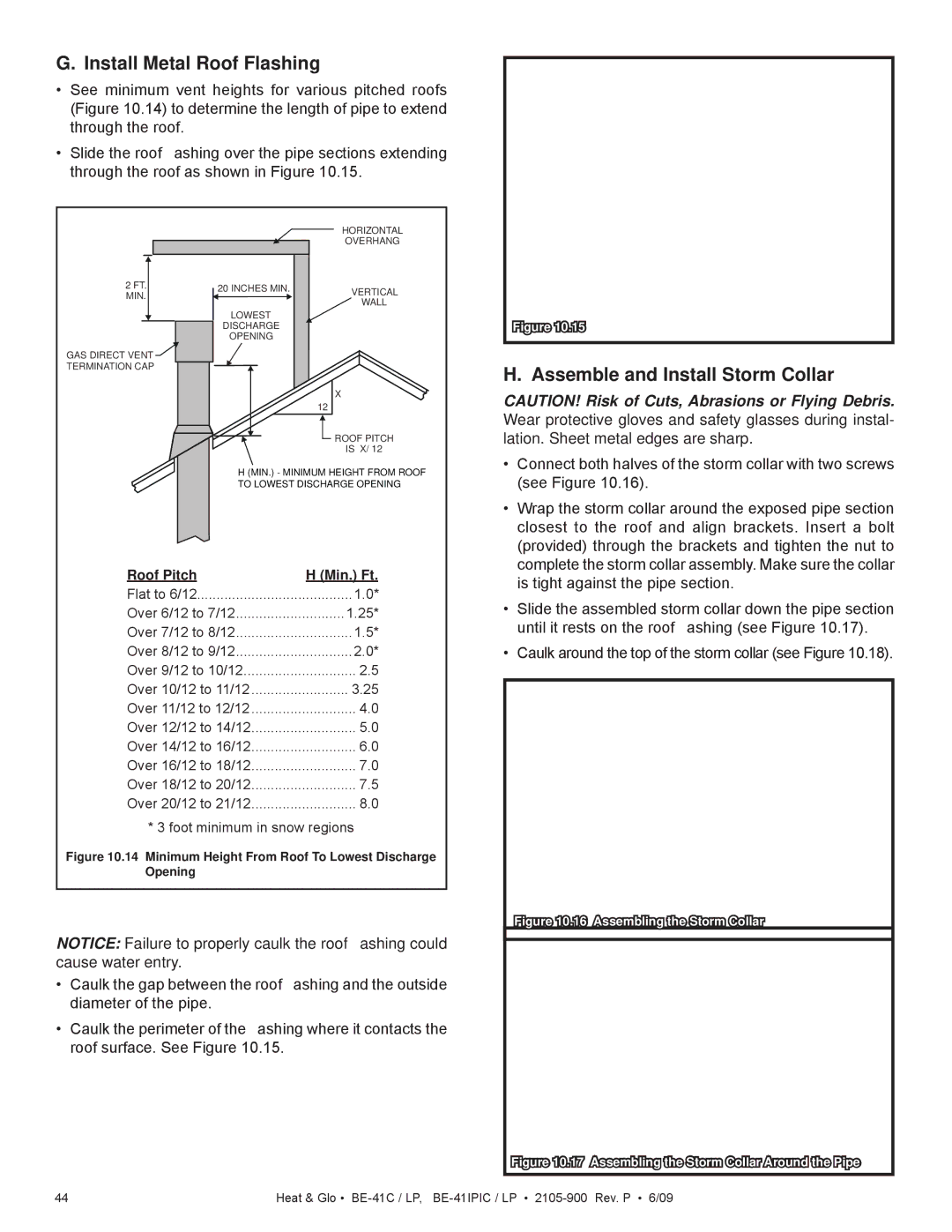 Heat & Glo LifeStyle BE-41C, BE-41IPIC, BE-41LPC, BE-41IPILPC Install Metal Roof Flashing, Assemble and Install Storm Collar 