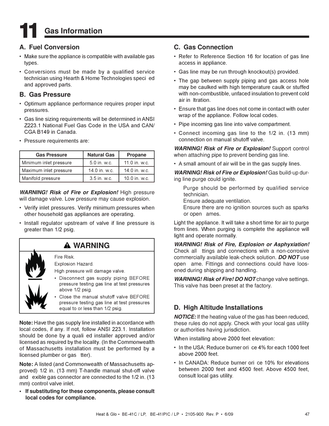 Heat & Glo LifeStyle BE-41IPILPC, BE-41C, BE-41IPIC, BE-41LPC Gas Information, Fuel Conversion, Gas Pressure, Gas Connection 