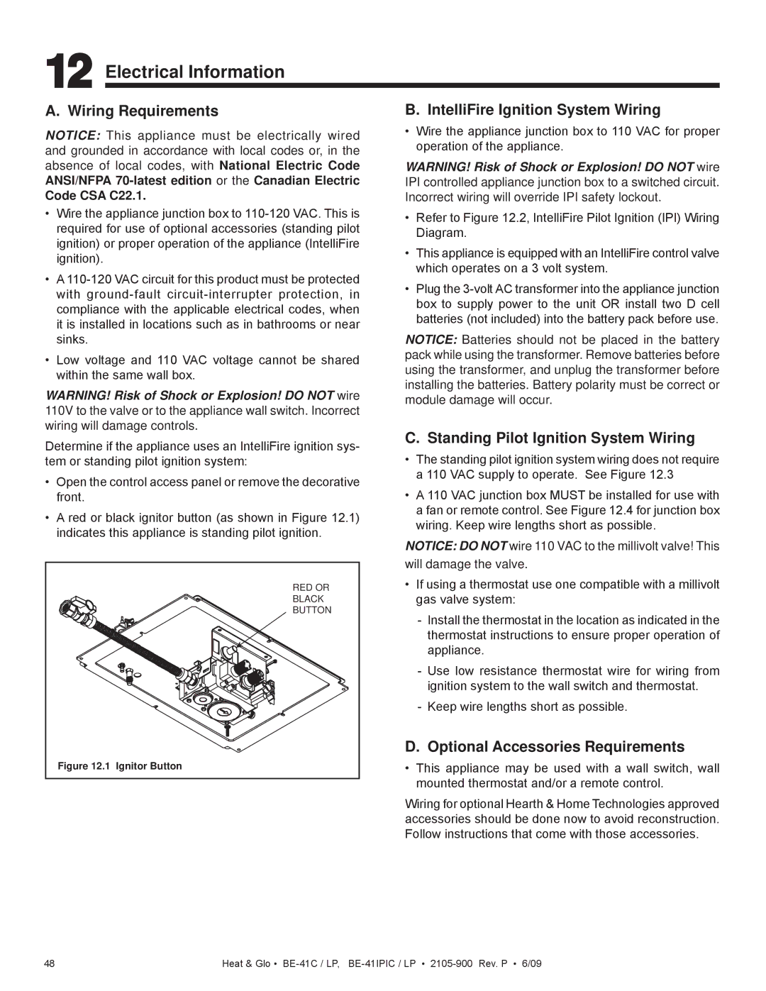 Heat & Glo LifeStyle BE-41C, BE-41IPIC Electrical Information, Wiring Requirements, IntelliFire Ignition System Wiring 