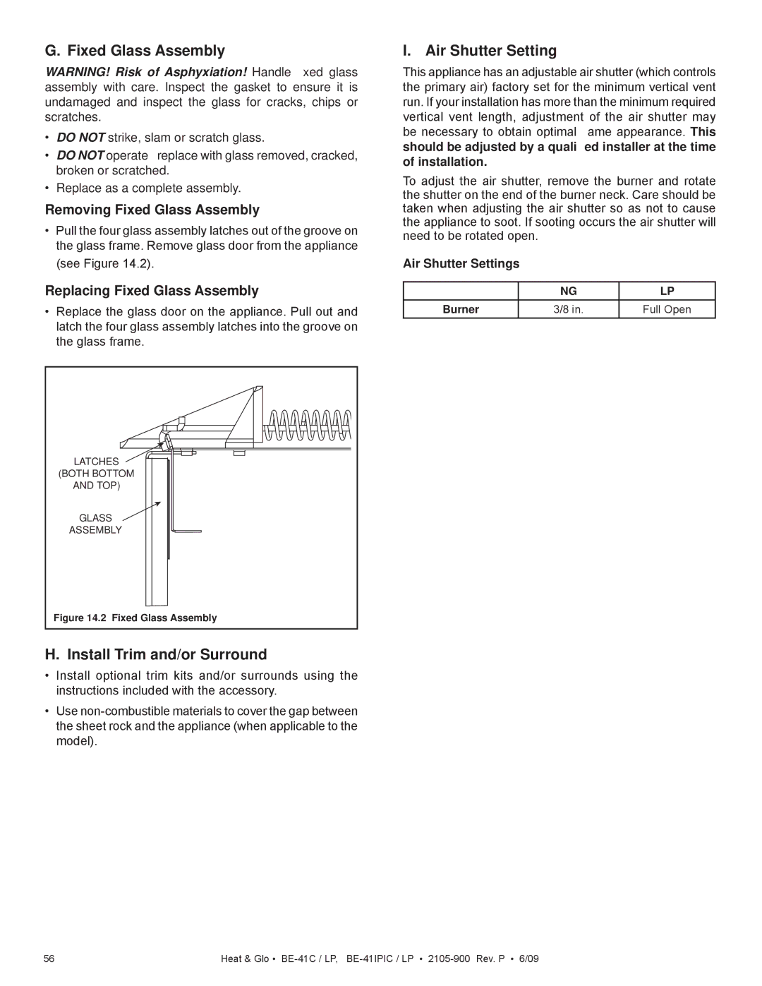 Heat & Glo LifeStyle BE-41C, BE-41IPIC, BE-41LPC, BE-41IPILPC Install Trim and/or Surround, Air Shutter Settings, Burner 