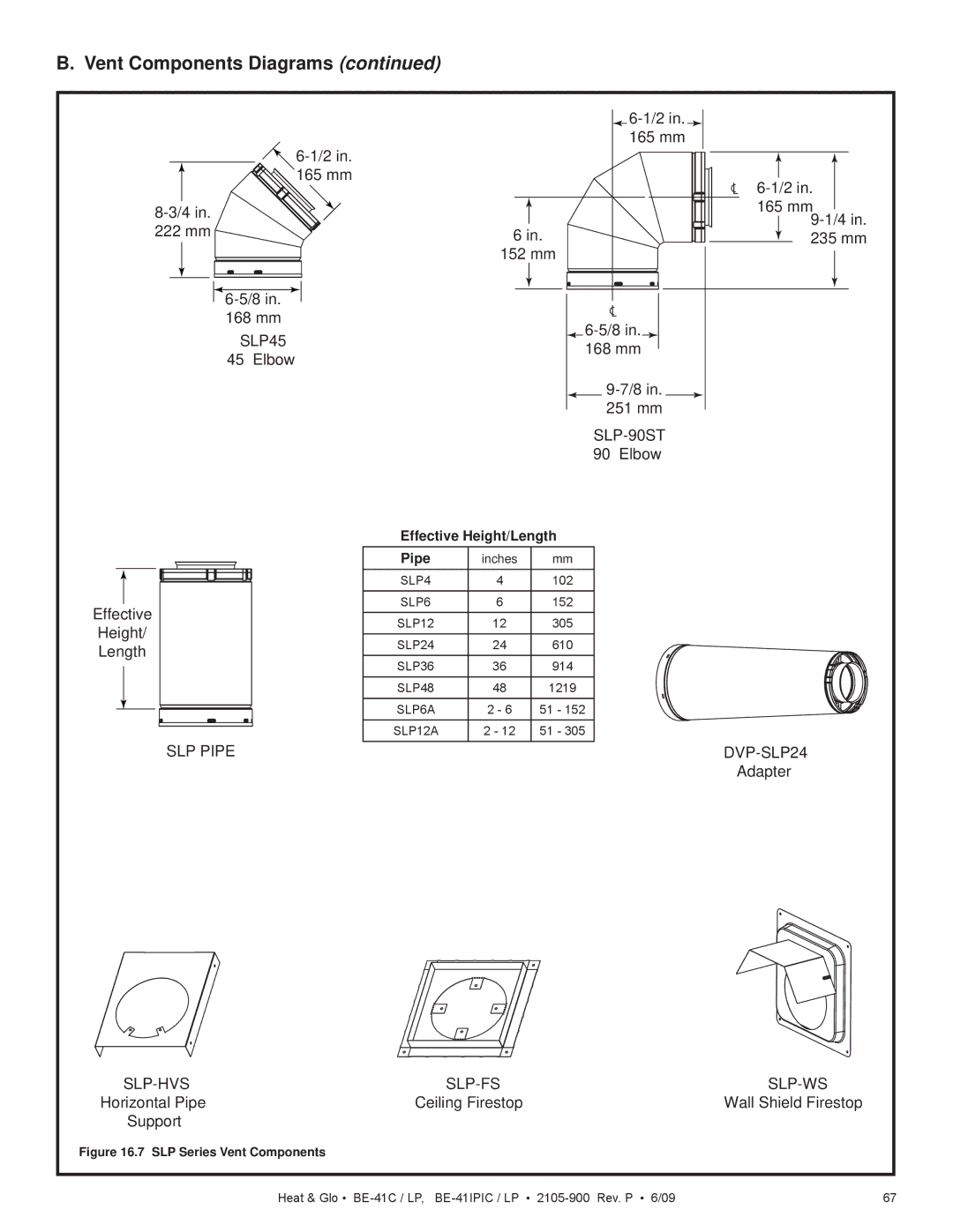 Heat & Glo LifeStyle BE-41IPILPC 165 mm 222 mm 168 mm, Elbow Effective Height Length, Horizontal Pipe Support, Adapter 