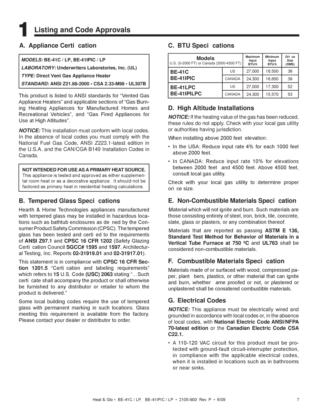 Heat & Glo LifeStyle BE-41IPILPC, BE-41C, BE-41IPIC, BE-41LPC owner manual Listing and Code Approvals 