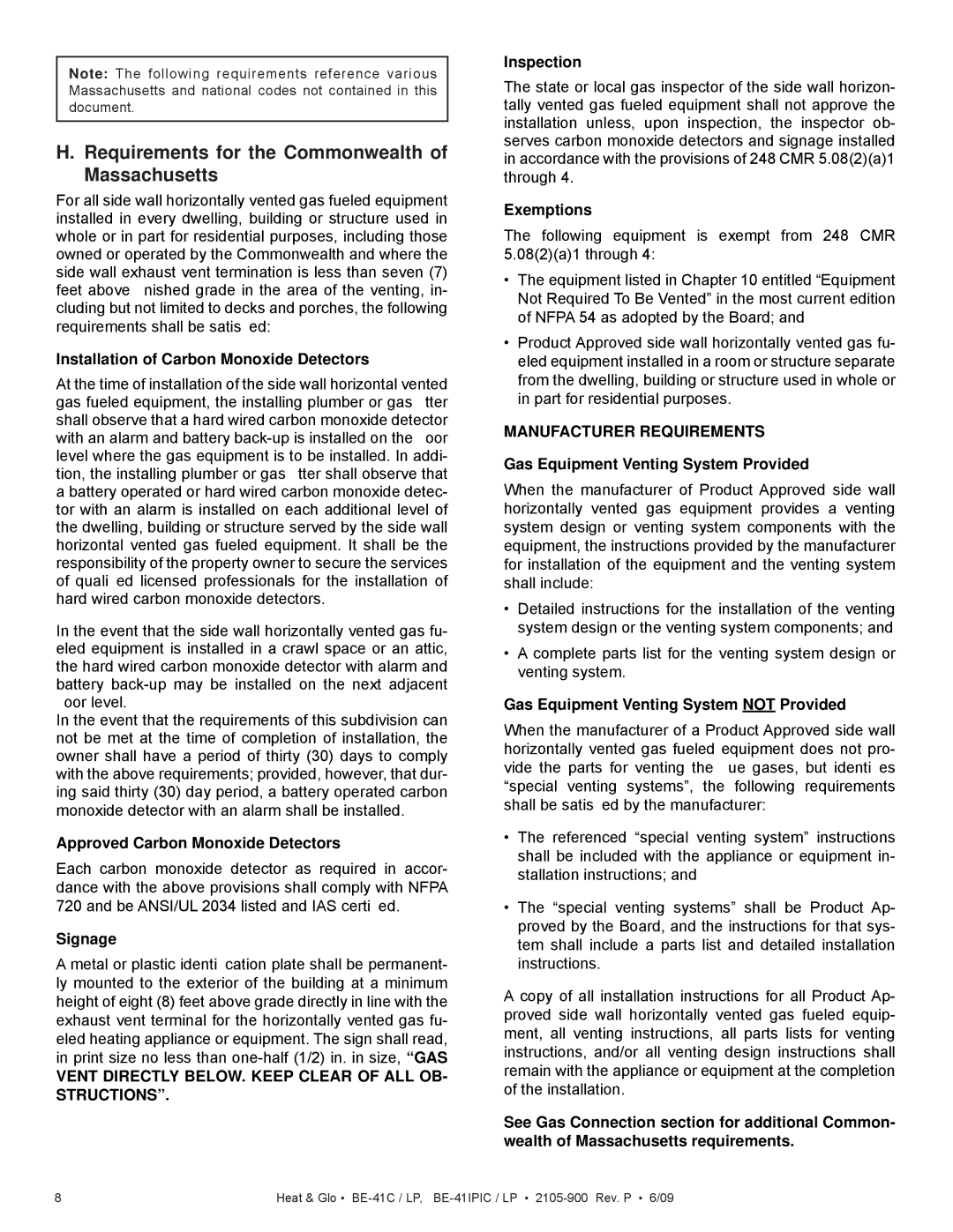 Heat & Glo LifeStyle BE-41C Requirements for the Commonwealth of Massachusetts, Installation of Carbon Monoxide Detectors 