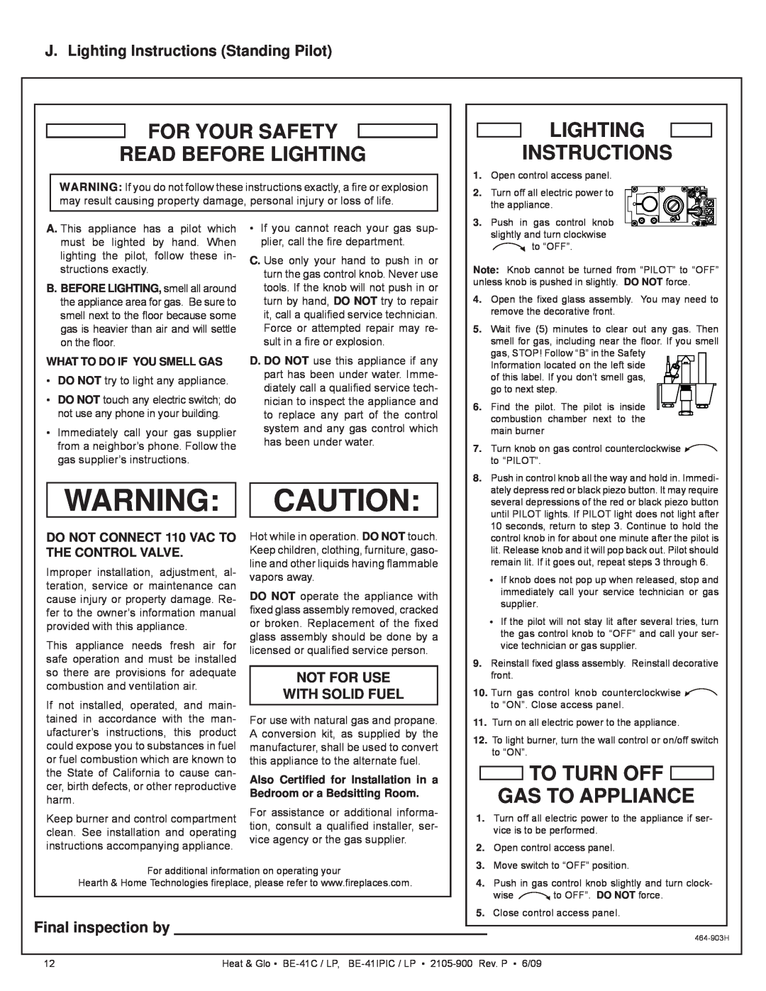 Heat & Glo LifeStyle BE-41C J. Lighting Instructions Standing Pilot, Warning Caution, To Turn Off Gas To Appliance 
