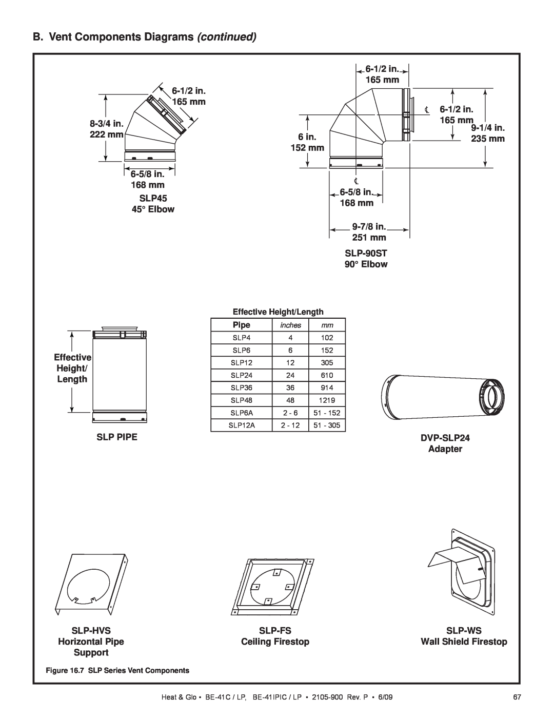 Heat & Glo LifeStyle BE-41IPILPC B. Vent Components Diagrams continued, 6-1/2in 165 mm 8-3/4in 222 mm 6-5/8in 168 mm 