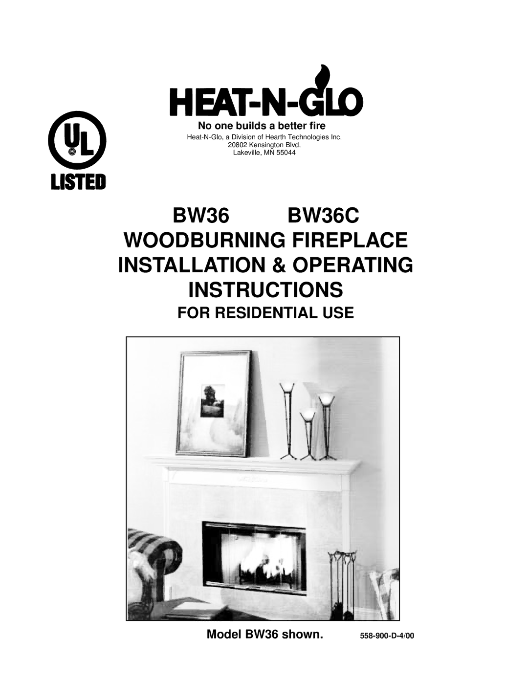 Heat & Glo LifeStyle BW36 operating instructions Woodburning Fireplace Installation & Operating Instructions 