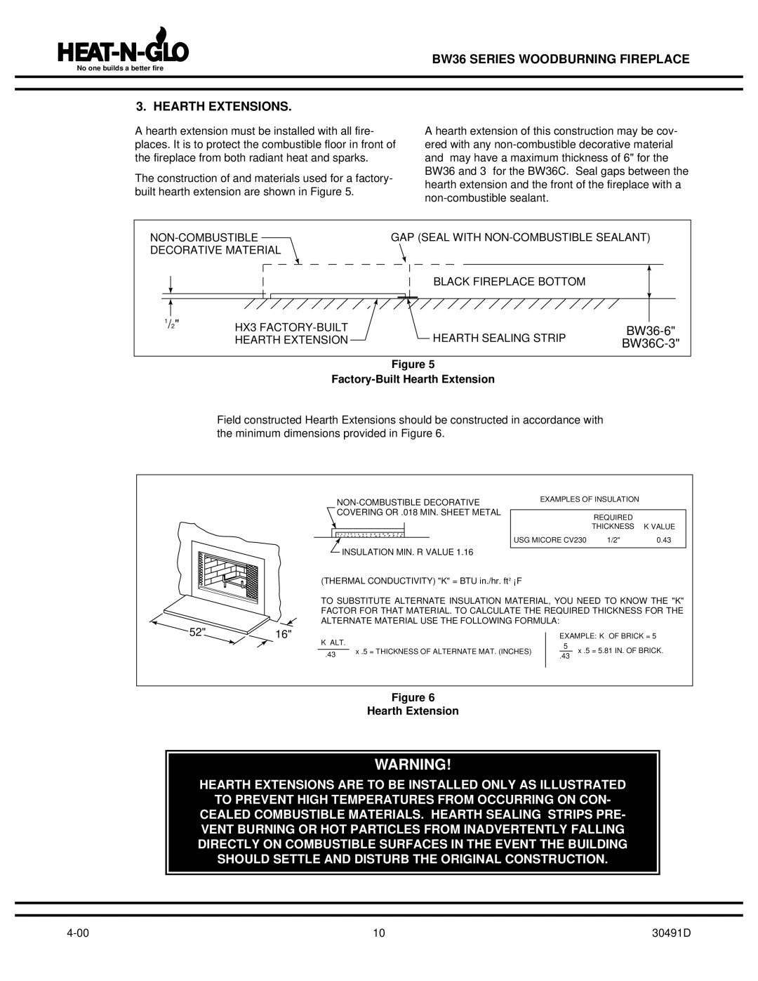 Heat & Glo LifeStyle BW36 operating instructions Hearth Extensions, Factory-Built Hearth Extension 