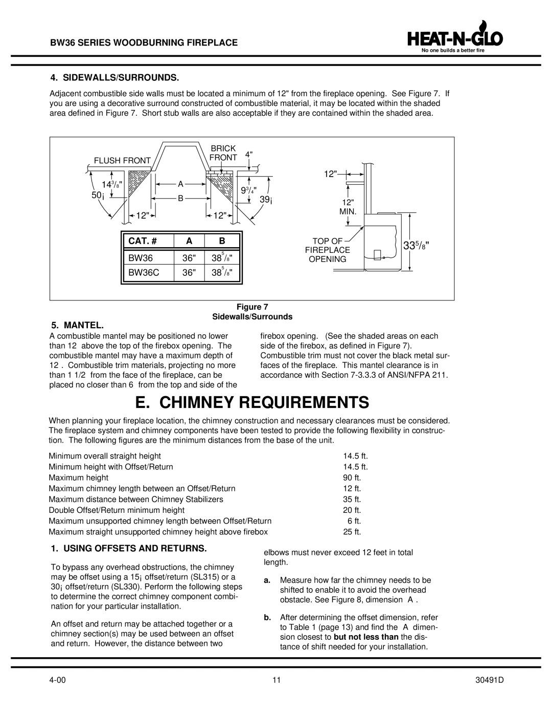 Heat & Glo LifeStyle BW36 Chimney Requirements, Sidewalls/Surrounds, Mantel, Using Offsets and Returns 