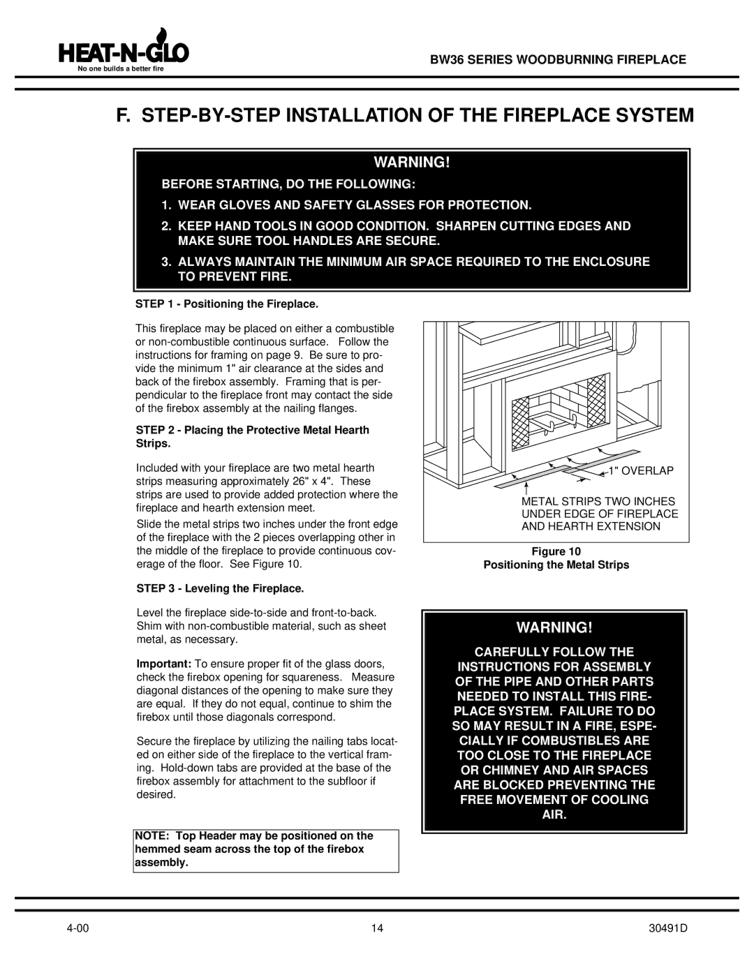 Heat & Glo LifeStyle BW36 Positioning the Fireplace, Placing the Protective Metal Hearth Strips, Leveling the Fireplace 