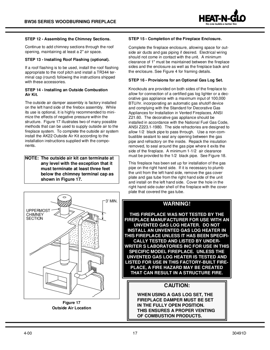 Heat & Glo LifeStyle BW36 Assembling the Chimney Sections, Installing Roof Flashing optional, Outside Air Location 