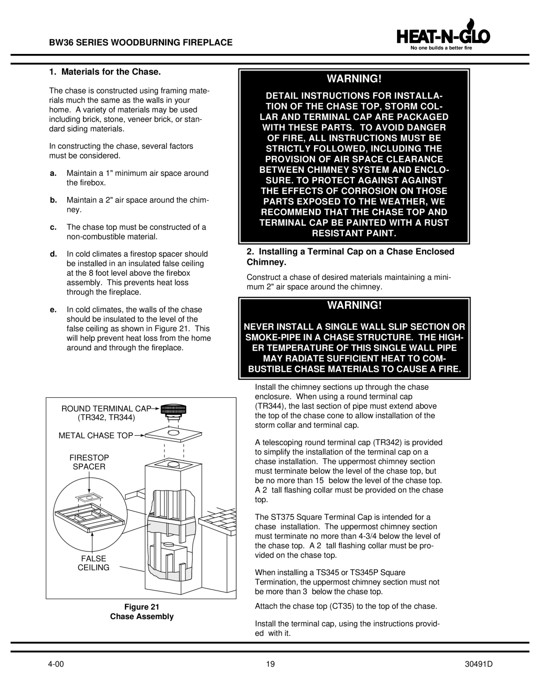 Heat & Glo LifeStyle BW36 Materials for the Chase, Installing a Terminal Cap on a Chase Enclosed Chimney, Chase Assembly 