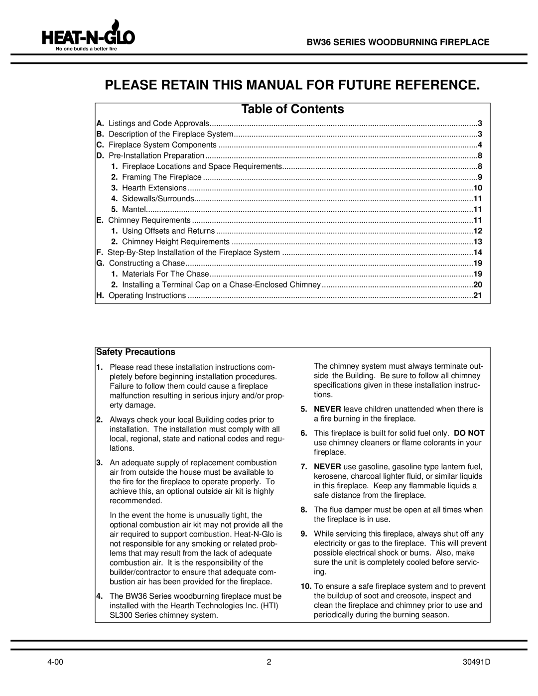 Heat & Glo LifeStyle BW36 operating instructions Please Retain this Manual for Future Reference 