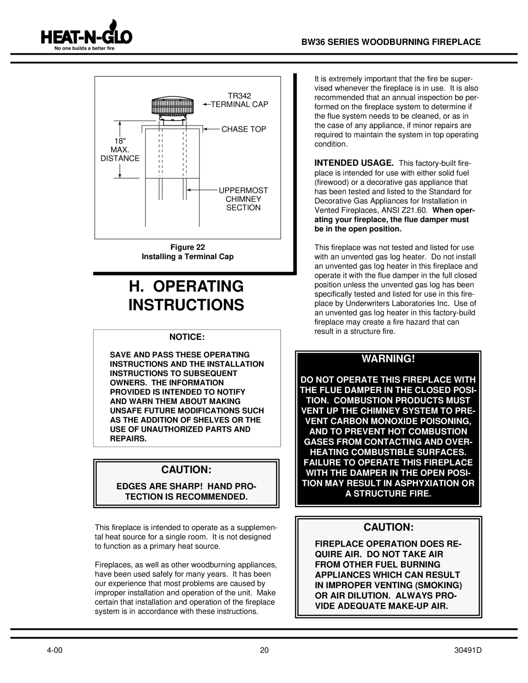 Heat & Glo LifeStyle BW36 operating instructions Operating Instructions, Edges are SHARP! Hand PRO Tection is Recommended 