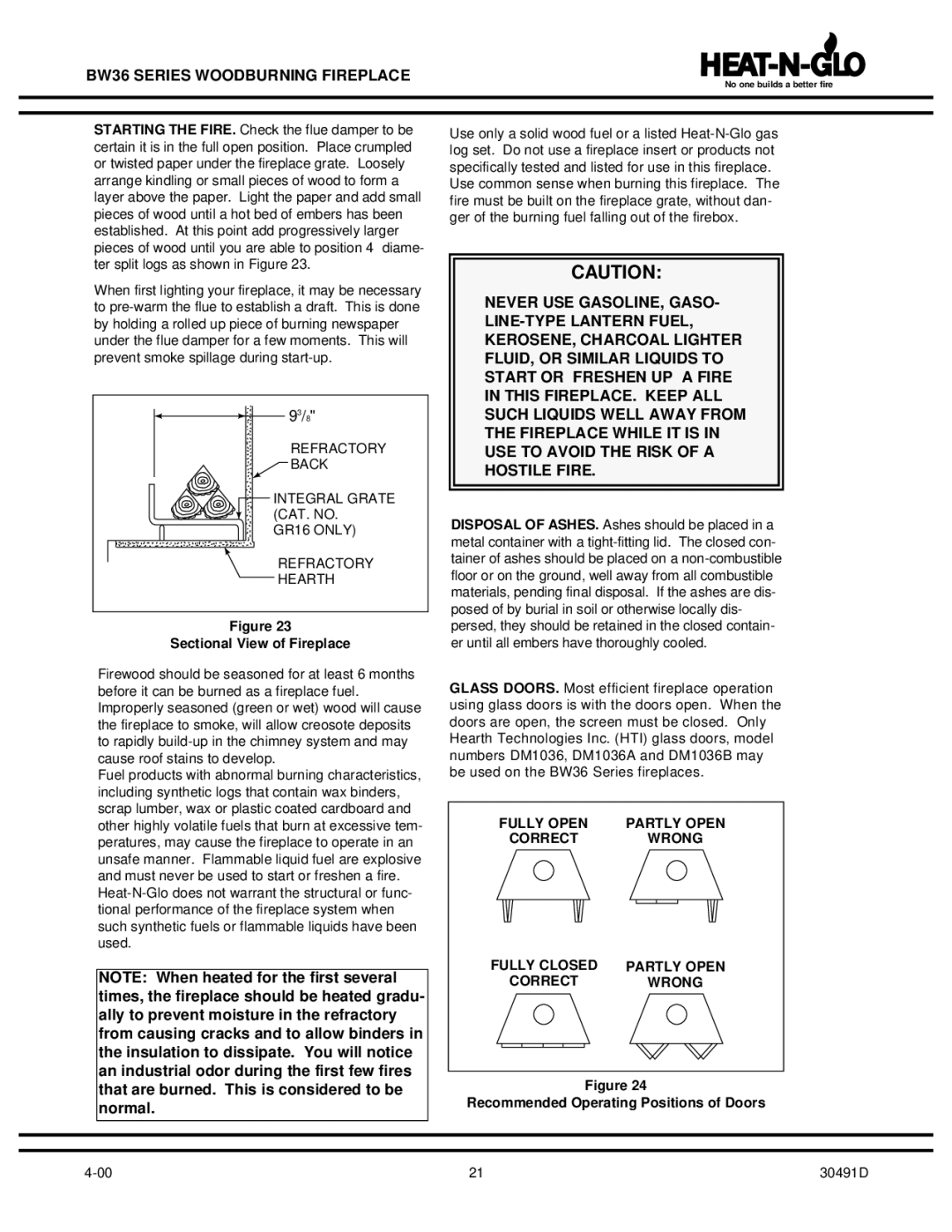 Heat & Glo LifeStyle BW36 operating instructions Sectional View of Fireplace, Recommended Operating Positions of Doors 