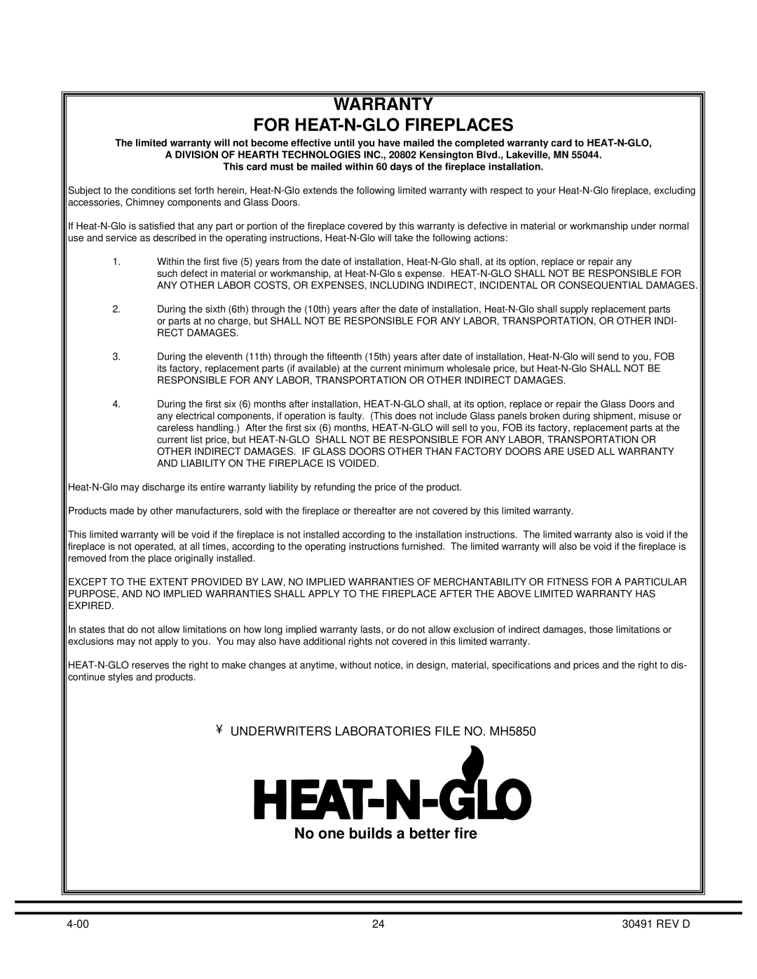 Heat & Glo LifeStyle BW36 operating instructions Warranty For HEAT-N-GLO Fireplaces 