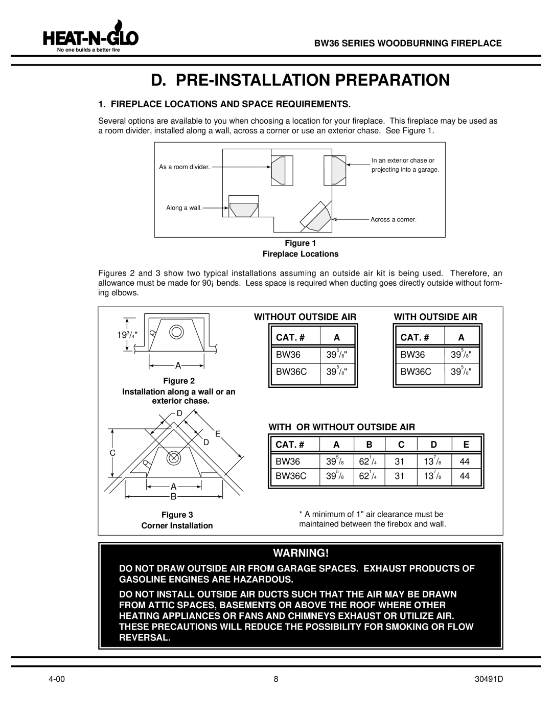 Heat & Glo LifeStyle BW36 PRE-INSTALLATION Preparation, Fireplace Locations and Space Requirements, Cat. # 