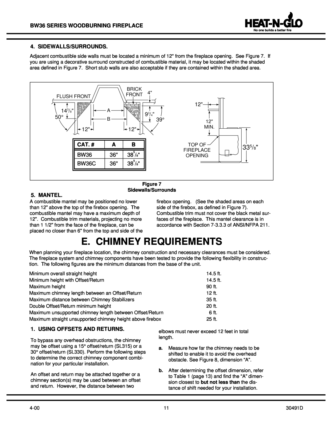 Heat & Glo LifeStyle BW36 E. Chimney Requirements, Sidewalls/Surrounds, Mantel, Using Offsets And Returns, 335/8, Cat. # 