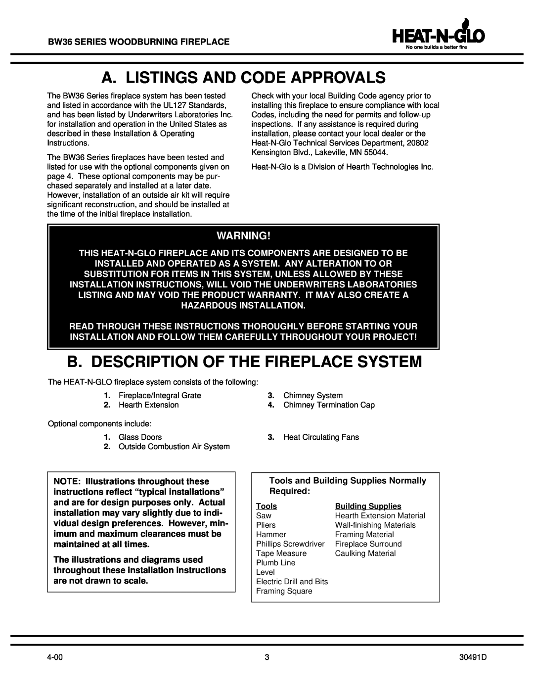 Heat & Glo LifeStyle BW36 operating instructions A. Listings And Code Approvals, B. Description Of The Fireplace System 
