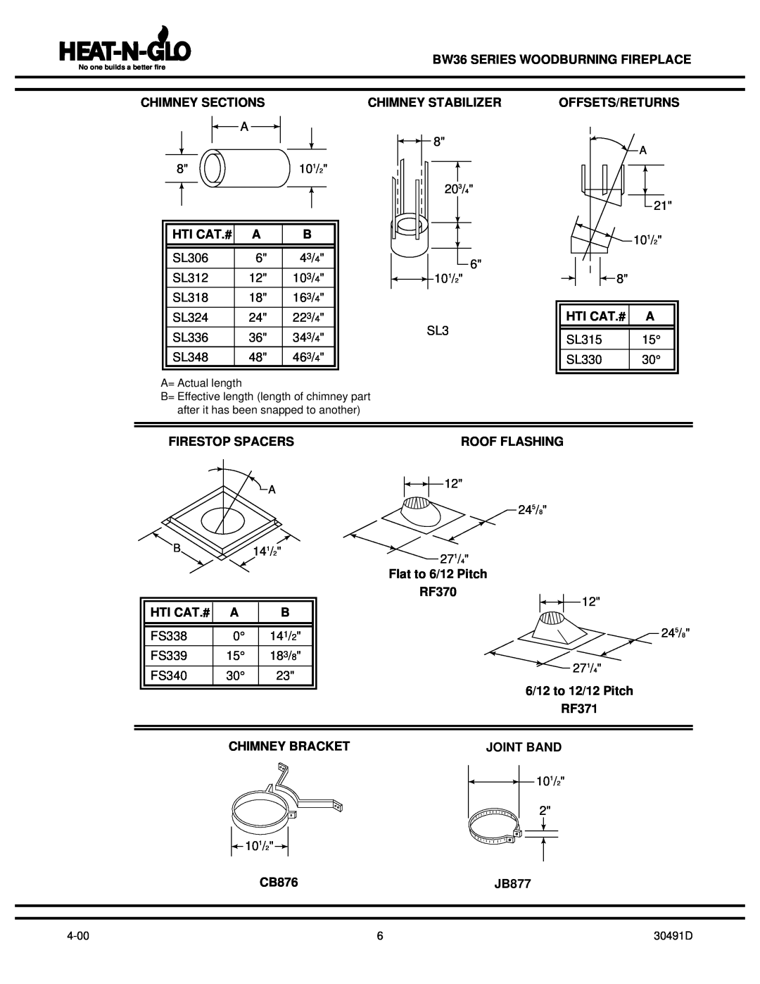 Heat & Glo LifeStyle BW36 Chimney Sections, Chimney Stabilizer, Offsets/Returns, Hti Cat.#, Firestop Spacers, RF370, RF371 