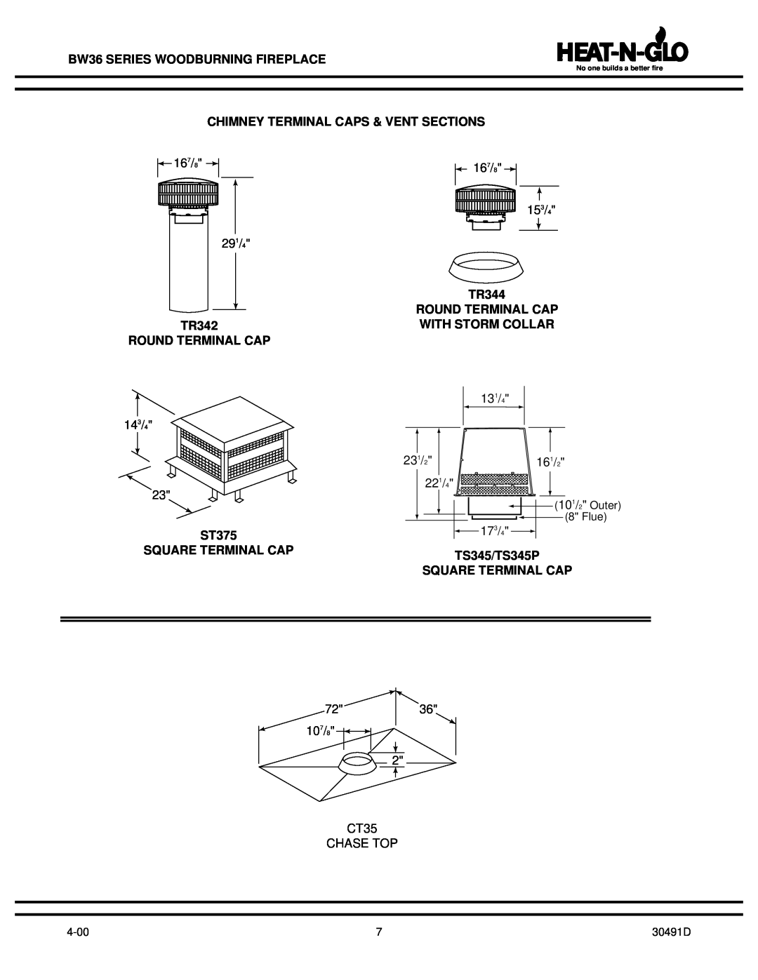 Heat & Glo LifeStyle BW36 Chimney Terminal Caps & Vent Sections, TR344, Round Terminal Cap, TR342, With Storm Collar 