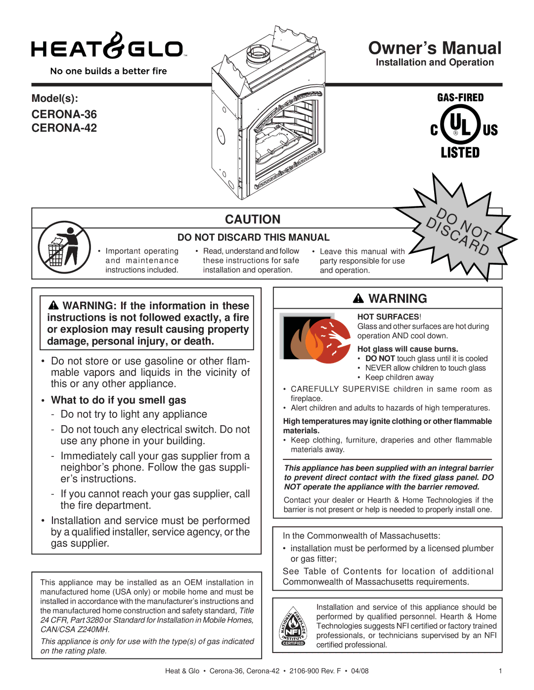 Heat & Glo LifeStyle CERONA-36, CERONA-42 owner manual Models, What to do if you smell gas 