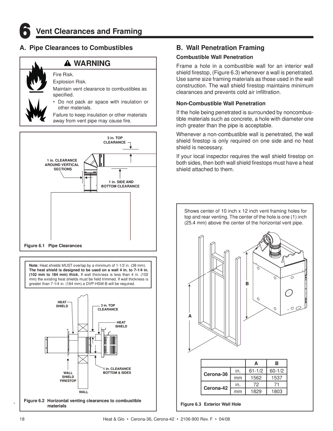 Heat & Glo LifeStyle CERONA-42 Vent Clearances and Framing, Pipe Clearances to Combustibles, Wall Penetration Framing 