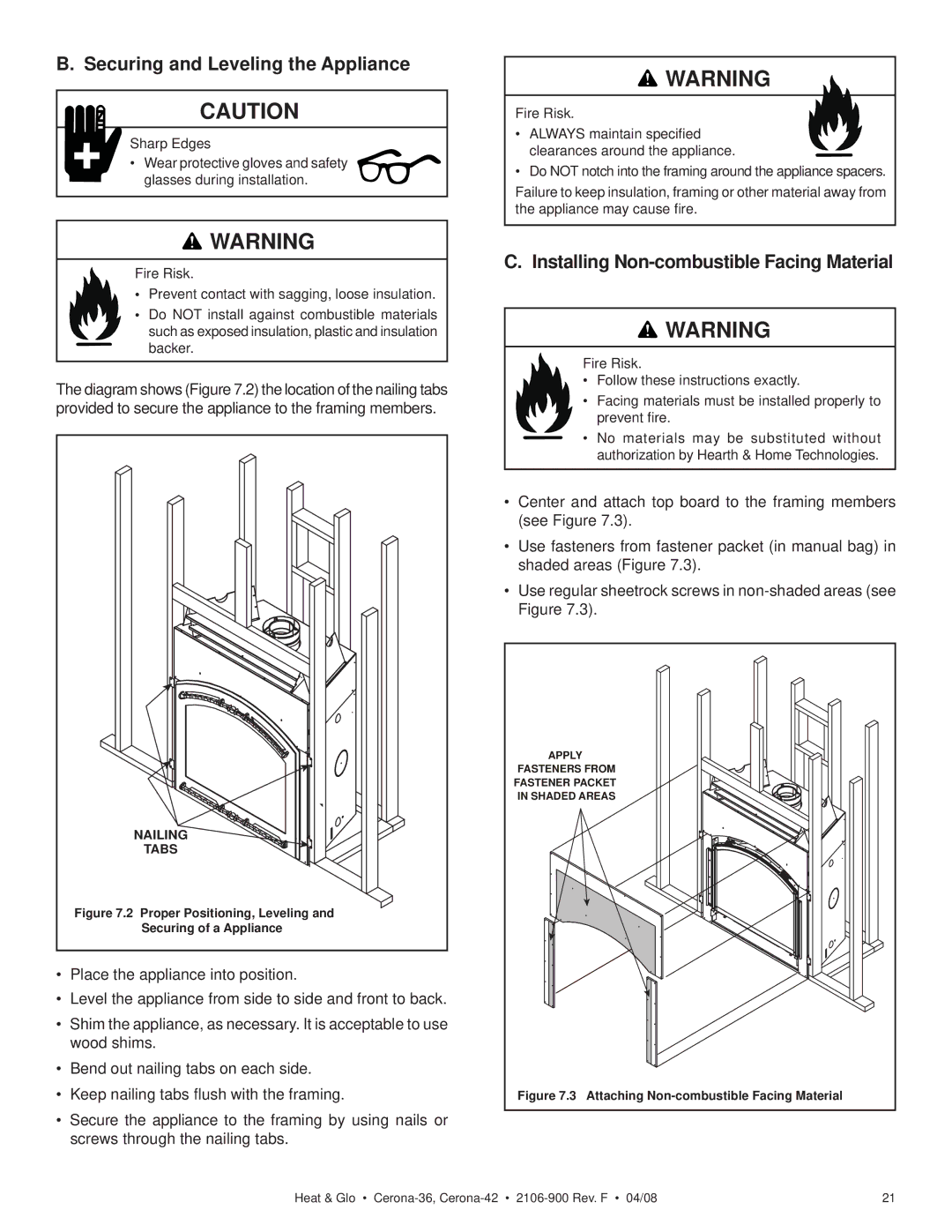 Heat & Glo LifeStyle CERONA-36 Securing and Leveling the Appliance, Diagram shows .2 the location of the nailing tabs 