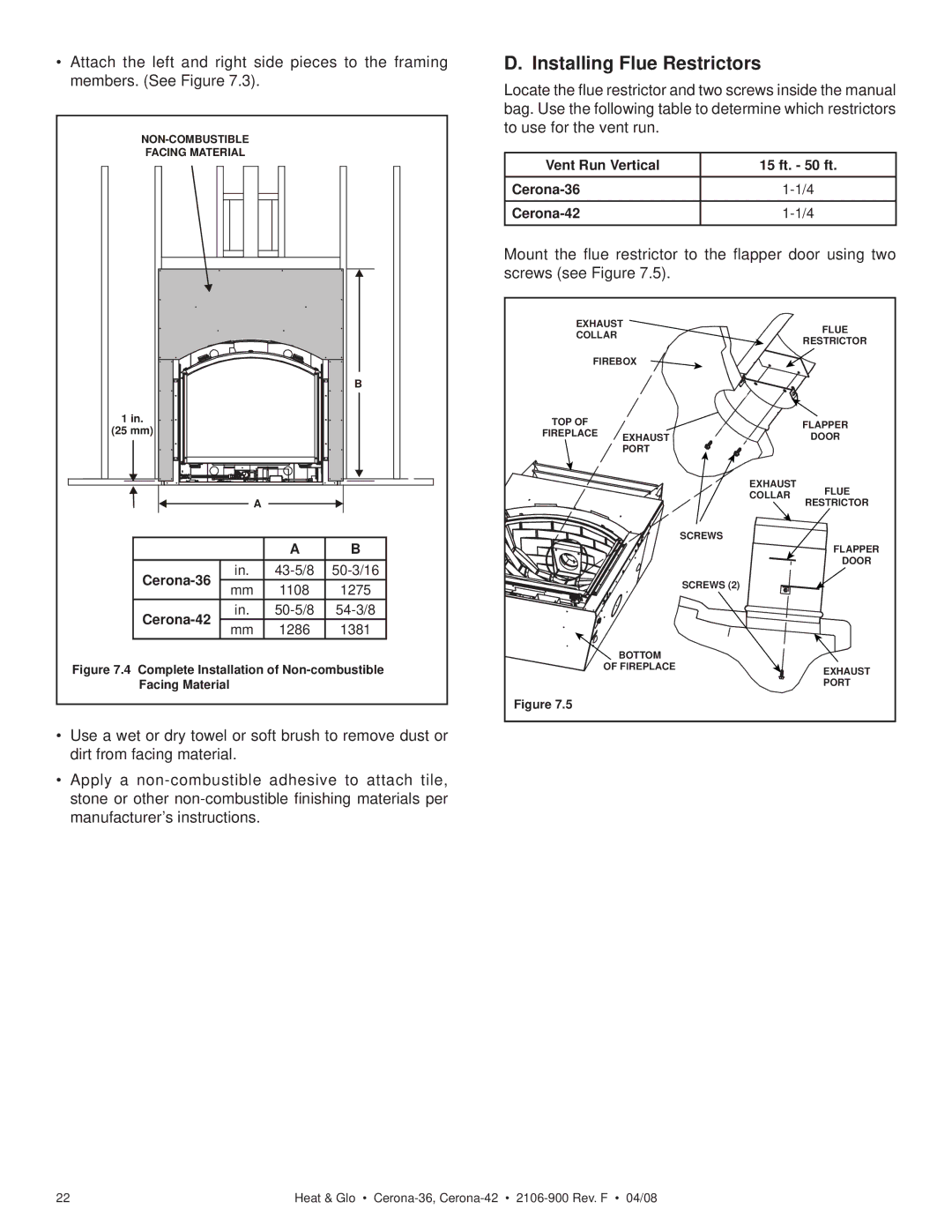 Heat & Glo LifeStyle CERONA-42 Installing Flue Restrictors, Complete Installation of Non-combustible Facing Material 