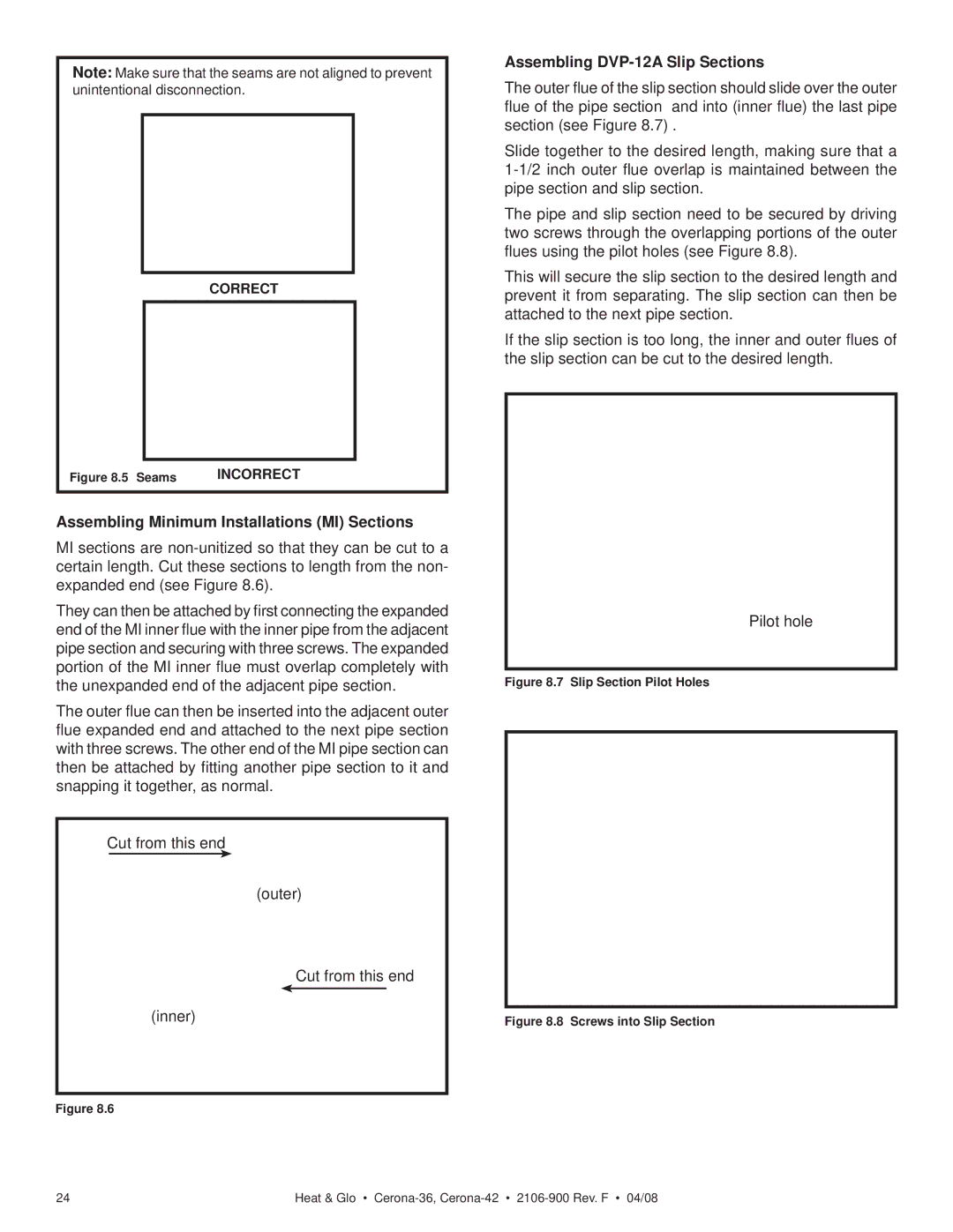 Heat & Glo LifeStyle CERONA-42, CERONA-36 Assembling Minimum Installations MI Sections, Assembling DVP-12A Slip Sections 