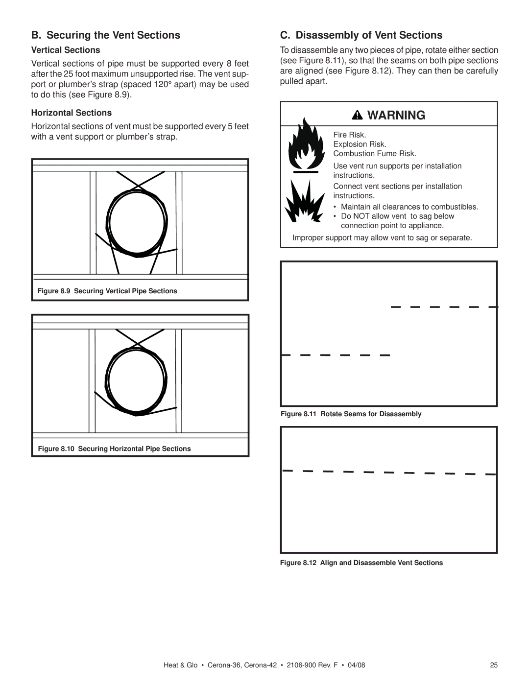 Heat & Glo LifeStyle CERONA-36, CERONA-42 Securing the Vent Sections, Disassembly of Vent Sections, Vertical Sections 
