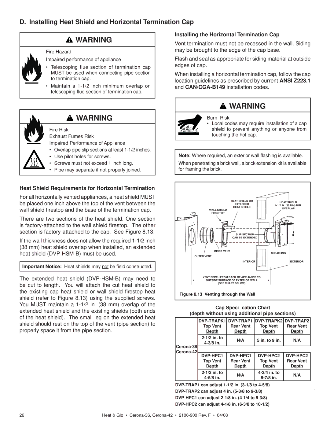 Heat & Glo LifeStyle CERONA-42 Installing Heat Shield and Horizontal Termination Cap, Heat shield DVP-HSM-B must be used 