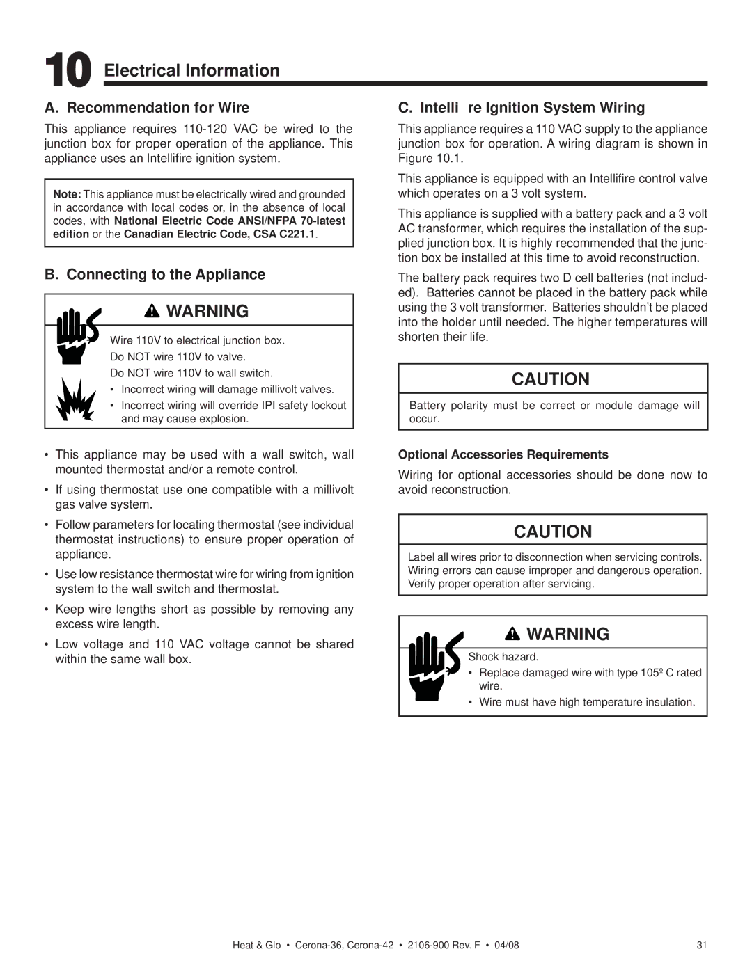 Heat & Glo LifeStyle CERONA-36 Electrical Information, Recommendation for Wire, Intelliﬁre Ignition System Wiring 