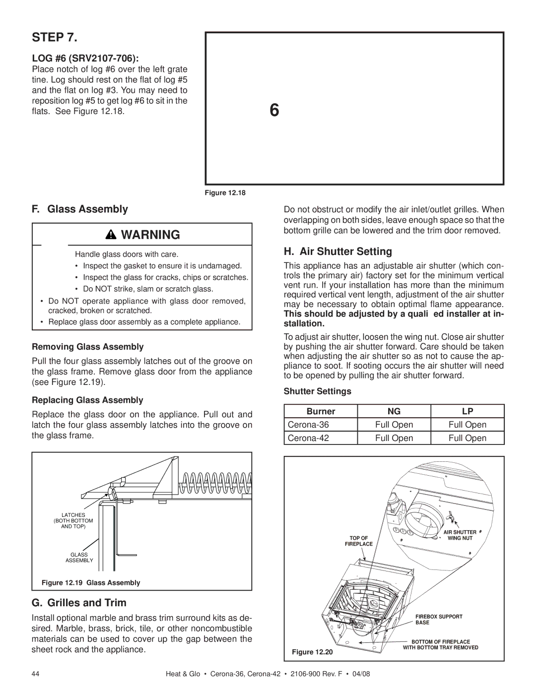 Heat & Glo LifeStyle CERONA-42, CERONA-36 owner manual Glass Assembly, Grilles and Trim, Air Shutter Setting 