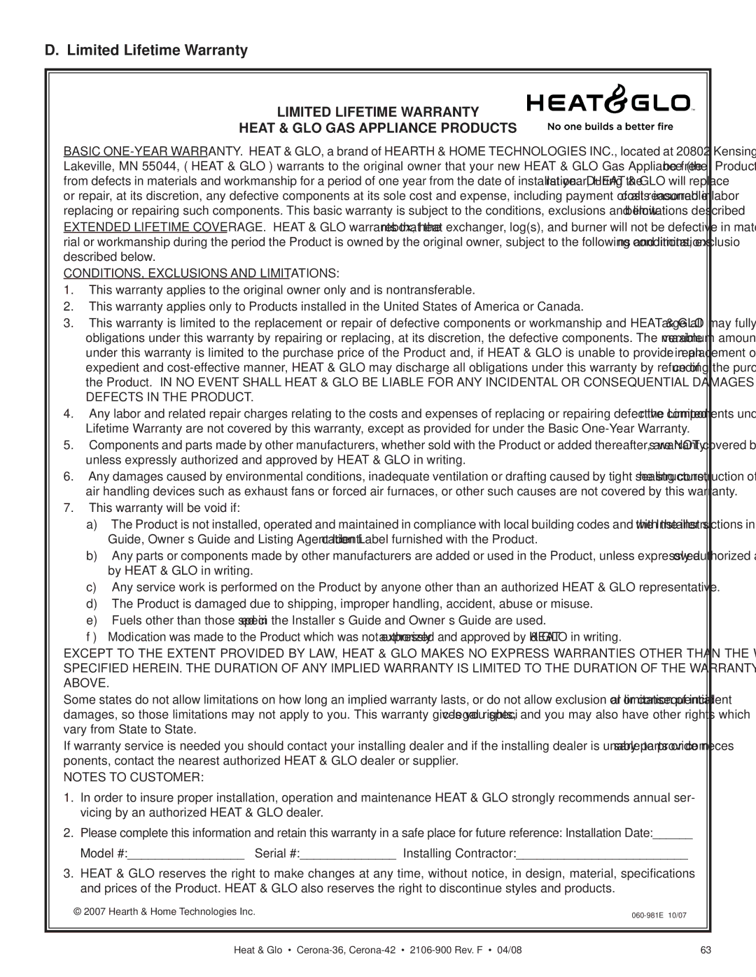 Heat & Glo LifeStyle CERONA-36, CERONA-42 owner manual Limited Lifetime Warranty Heat & GLO GAS Appliance Products 