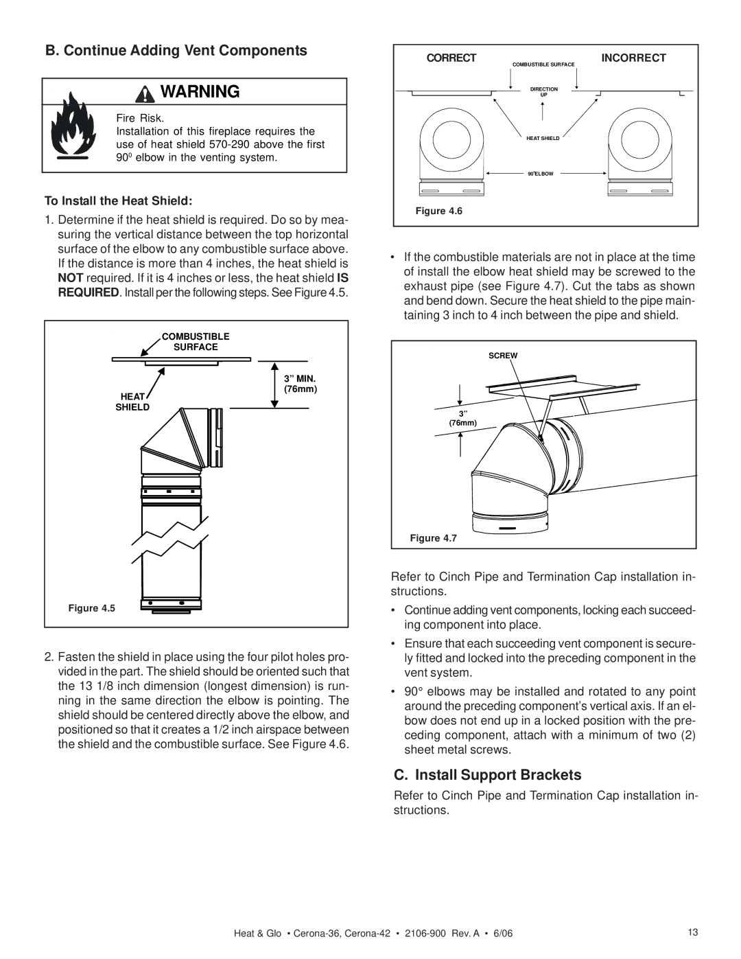 Heat & Glo LifeStyle CERONA-36 Continue Adding Vent Components, Install Support Brackets, To Install the Heat Shield 