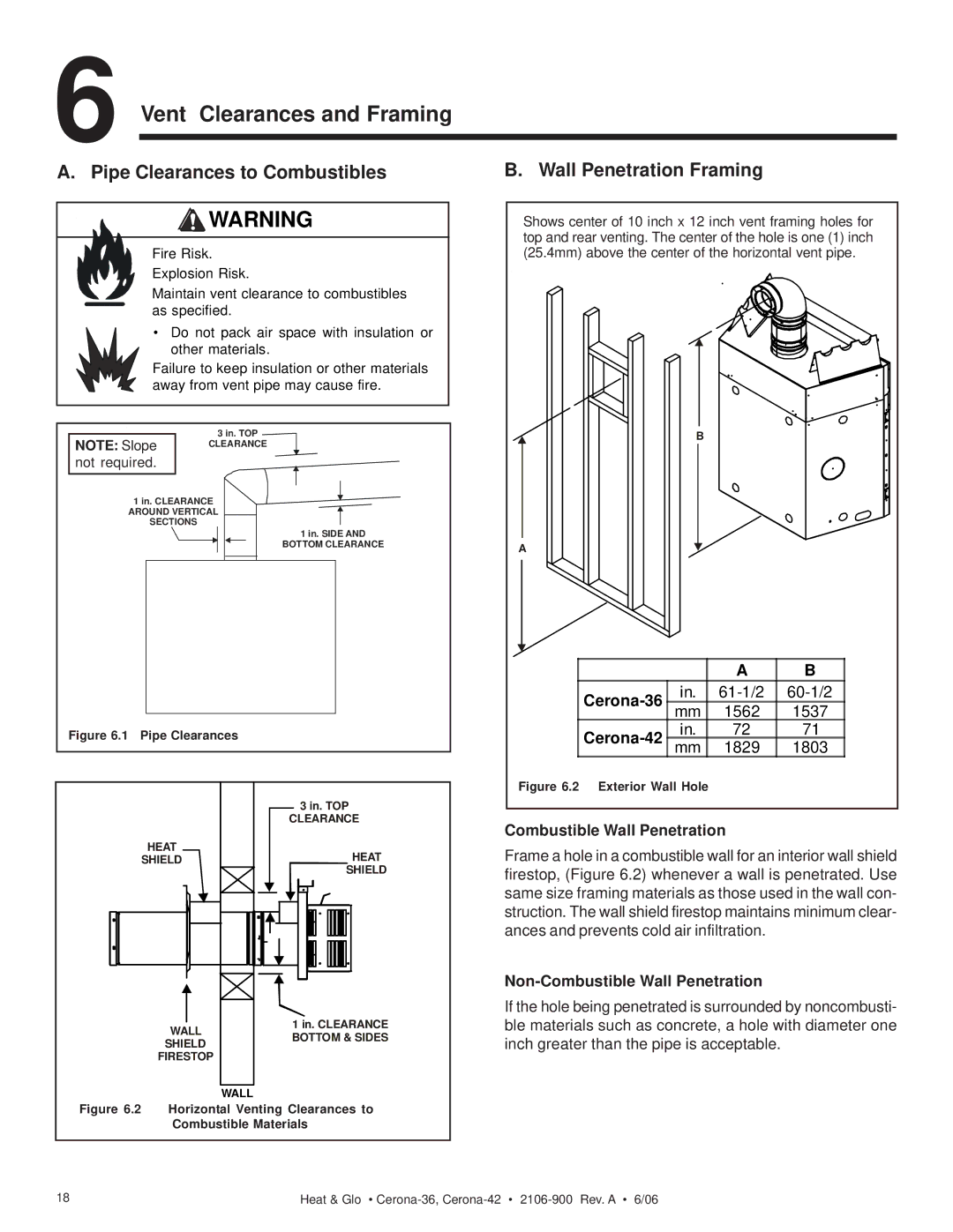 Heat & Glo LifeStyle CERONA-42 Vent Clearances and Framing, Pipe Clearances to Combustibles, Wall Penetration Framing 